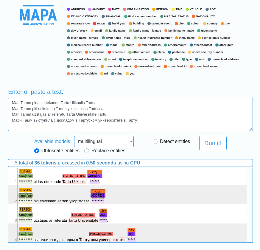 MAPA interface showing multilingual sensitive spans and anonymized replacements