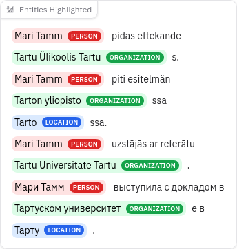Example of named entity recognition output highlighting people, organisations, and locations across several languages
